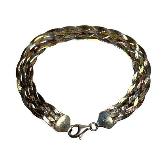 925 Tritone Braided Herringbone Bracelet 7 3/4” Vintage - Picture 5 of 10